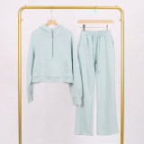 LULU Women's Yoga Wear Half-Zip Loose Hoodie Sweatshirt and Sweatpants Set Casual Loose Short Style with Fleece Lining