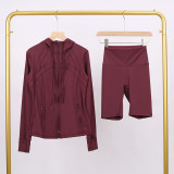 LULU DF hooded jacket and shorts set with gold zipper, slim fit, stretchy, quick-drying, fitness, sports, yoga wear for women