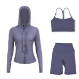 LULU DF hooded jacket, Y-back vest, three-quarter pants three-piece set, starry gold zipper slim-fit yoga outfit