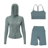 LULU DF hooded jacket, Y-back vest, three-quarter pants three-piece set, starry gold zipper slim-fit yoga outfit