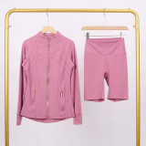 LULU DF Stand Collar Jacket and Shorts Set with Gold Zipper, Slim Fit Quick-Dry Fitness Yoga Outfit for Women