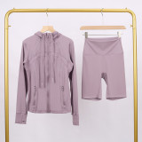 LULU DF hooded jacket and shorts set with gold zipper, slim fit, stretchy, quick-drying, fitness, sports, yoga wear for women