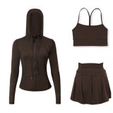 LULU sports tennis skirt with hooded jacket and Y-back tank top set for women, anti-exposure fitness short skirt, slimming effect