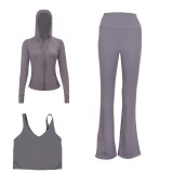 LULU DF hooded jacket, U-shaped vest, bell-bottom pants three-piece set, starry gold zipper slim-fit yoga outfit