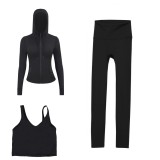 LULU DF hooded jacket, U-shaped vest, cropped pants three-piece set, starry gold zipper slim-fit yoga outfit