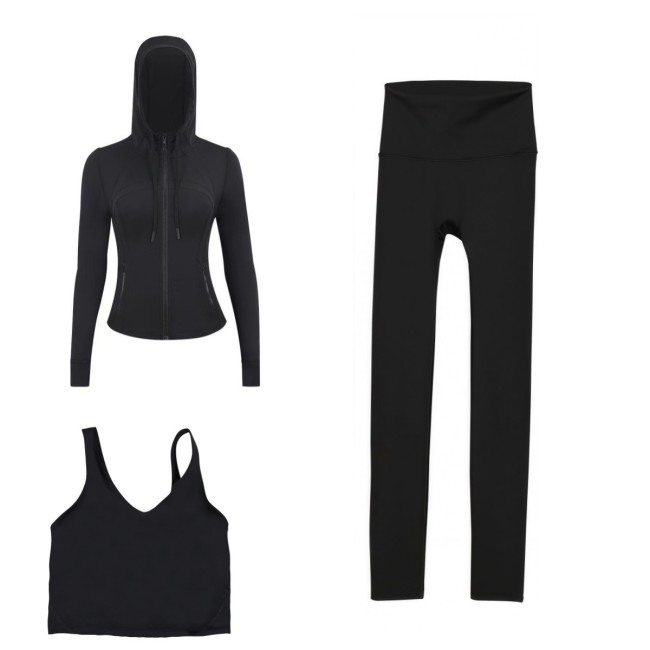 LULU DF hooded jacket, U-shaped vest, cropped pants three-piece set, starry gold zipper slim-fit yoga outfit