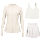 LULU sports tennis skirt, anti-exposure stand-up collar jacket, U-shaped tank top, short skirt three-piece set, yoga quick-dry pleated skirt