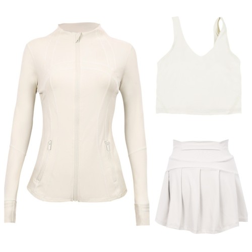 LULU tennis skirt, anti-exposure stand-up collar jacket, U-neck tank top, short skirt three-piece set, yoga quick-dry pleated skirt, long sleeve