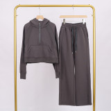 LULU Women's Yoga Wear Half-Zip Loose Hoodie Sweatshirt and Sweatpants Set Casual Loose Short Style with Fleece Lining