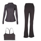 LULU DF Embossed Stand Collar Jacket, Y-shaped Vest, Flared Pants Three-piece Set with Gold Zipper, Sports Fitness Yoga Outfit