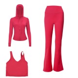 LULU DF hooded jacket, U-shaped vest, bell-bottom pants three-piece set, starry gold zipper slim-fit yoga outfit