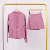 LULU branded hooded jacket and short skirt set, sports tennis skirt for women, anti-exposure fitness two-piece new style