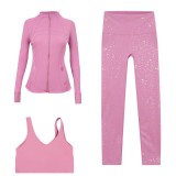 LULU DF stand-up collar jacket, U-shaped vest, cropped pants three-piece set, starry gold zipper slim-fit yoga wear