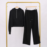 LULU Women's Yoga Wear Half-Zip Loose Hoodie Sweatshirt and Sweatpants Set Casual Loose Short Style with Fleece Lining