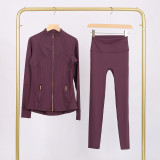 Embossed Stand Collar Jacket and Cropped Pants Set with Gold Zipper, Slim Fit, Stretchy, Quick-Dry Fitness Yoga Wear