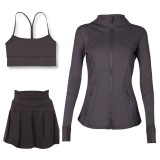 LULU Sports Tennis Skirt Anti-Exposure Embossed Stand-Up Collar Jacket Y-Back Vest Short Skirt Three-Piece Yoga Quick-Dry Set