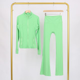 LULU Bell-bottom Pants DF Stand-up Collar Jacket Set with Gold Zipper Top, Women's Slim Fit Coat, Stretchy Yoga Outfit for Women