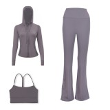 LULU DF Embossed Hooded Jacket, Y-shaped Vest, Bell-bottom Pants Three-piece Set, Starry Gold Zipper Yoga Outfit
