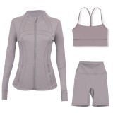 LULU DF stand-up collar jacket, Y-back vest, three-quarter pants, three-piece set with gold zipper, sporty slim-fit yoga wear