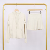 LULU branded hooded jacket and short skirt set, sports tennis skirt for women, anti-exposure fitness two-piece new style