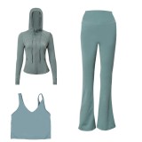 LULU DF hooded jacket, U-shaped vest, bell-bottom pants three-piece set, starry gold zipper slim-fit yoga outfit