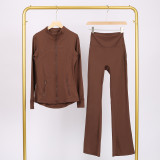 LULU Bell-bottom Pants DF Stand-up Collar Jacket Set with Gold Zipper Top, Women's Slim Fit Coat, Stretchy Yoga Outfit for Women