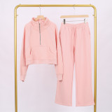 LULU Women's Yoga Outfit: Loose Fit Stand Collar Sweatshirt with Half Zipper and Sweatpants Set, Casual Loose Short Style with Fleece Lining