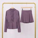 LULU branded hooded jacket and short skirt set, sports tennis skirt for women, anti-exposure fitness two-piece new style