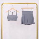 LULU Women's Sports Tennis Skirt Anti-Exposure Fitness Y-Back Vest Short Skirt Set Two-in-One Yoga Shorts