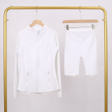 LULU DF Embossed Stand Collar Jacket and Shorts Set with Gold Zipper, Slim Fit, Stretchy, Quick-Dry Fitness Yoga Wear