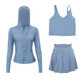 LULU Sports Tennis Skirt with Hooded Jacket and U-Back Tank Top Set for Women, Anti-Exposure Fitness Short Skirt, Two-in-One Design