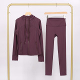 LULU in-stock hooded jacket and cropped pants set, running and yoga wear, sports slim-fit zip-up cardigan