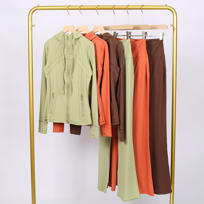 LULU in-stock hooded jacket with embossed logo, flared pants set, running and yoga wear, slim-fit zip-up cardigan with long sleeves