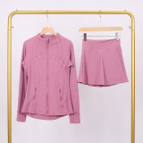 LULU branded stand-up collar jacket and skirt set, sports tennis skirt for women, anti-exposure fitness skirt, two-piece design