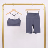 LULU Y-shaped sports vest and shorts set, vest underwear, nude-feel bra, beautiful back, shockproof, push-up yoga