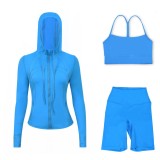 LULU DF hooded jacket, Y-back vest, three-quarter pants three-piece set, starry gold zipper slim-fit yoga outfit