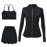 LULU Sports Tennis Skirt Anti-Exposure Embossed Stand-Up Collar Jacket Y-Back Vest Short Skirt Three-Piece Yoga Quick-Dry Set
