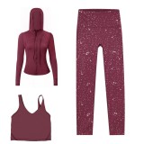 LULU DF hooded jacket, U-shaped vest, cropped pants three-piece set, starry gold zipper slim-fit yoga outfit