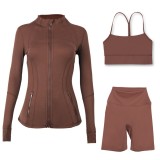 LULU DF stand-up collar jacket, Y-back vest, three-quarter pants, three-piece set with gold zipper, sporty slim-fit yoga wear