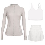 LULU sports tennis skirt, anti-exposure stand-up collar jacket, U-shaped tank top, short skirt three-piece set, yoga quick-dry pleated skirt