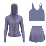 LULU Sports Tennis Skirt with Hooded Jacket and U-Back Tank Top Set for Women, Anti-Exposure Fitness Short Skirt, Two-in-One Design