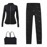 LULU DF Stand Collar Jacket, Y-Back Vest, Nine-Quarter Pants Three-Piece Set, Starry Gold Zipper Slim Fit Yoga Outfit