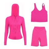 LULUDF Embossed Hooded Jacket, U-Shaped Vest, Three-Quarter Pants, Three-Piece Set, Gold Zipper Yoga Outfit, Long Sleeve