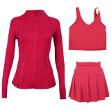 LULU sports tennis skirt, anti-exposure stand-up collar jacket, U-shaped tank top, short skirt three-piece set, yoga quick-dry pleated skirt