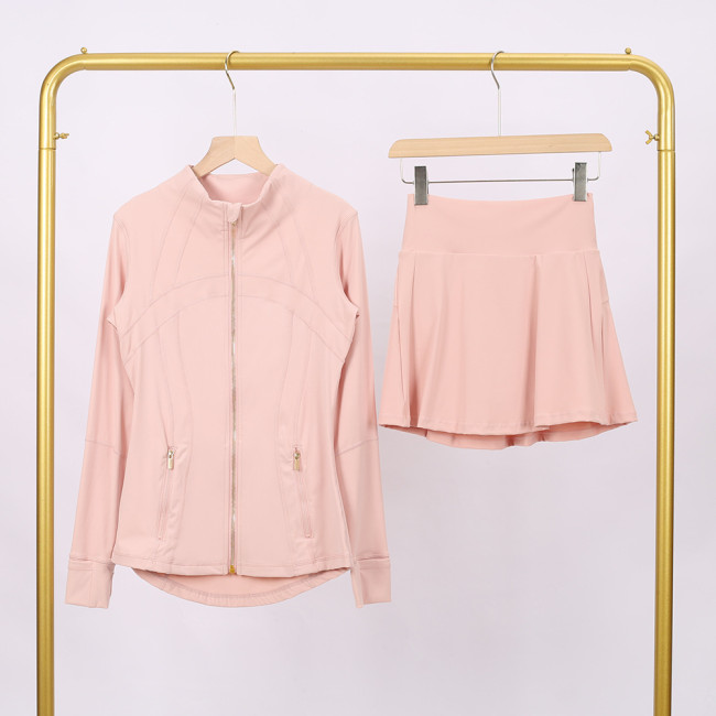 LULU DF Embossed Stand Collar Jacket and Skirt Set with Gold Zipper, Slim Fit Jacket, Stretchy Quick-Dry Fitness Yoga Outfit