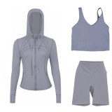 LULUDF Embossed Hooded Jacket, U-Shaped Vest, Three-Quarter Pants, Three-Piece Set, Gold Zipper Yoga Outfit, Long Sleeve