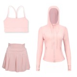 LULU sports tennis skirt with hooded jacket and Y-back tank top set for women, anti-exposure fitness short skirt, slimming effect