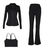 LULU DF Embossed Stand Collar Jacket, Y-shaped Vest, Flared Pants Three-piece Set with Gold Zipper, Sports Fitness Yoga Outfit