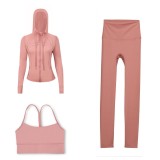 LULU DF Embossed Hooded Jacket, Y-Back Vest, Cropped Pants Three-Piece Set, Starry Gold Zipper Yoga Outfit