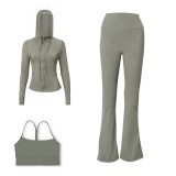 LULU DF Embossed Hooded Jacket, Y-shaped Vest, Bell-bottom Pants Three-piece Set, Starry Gold Zipper Yoga Outfit